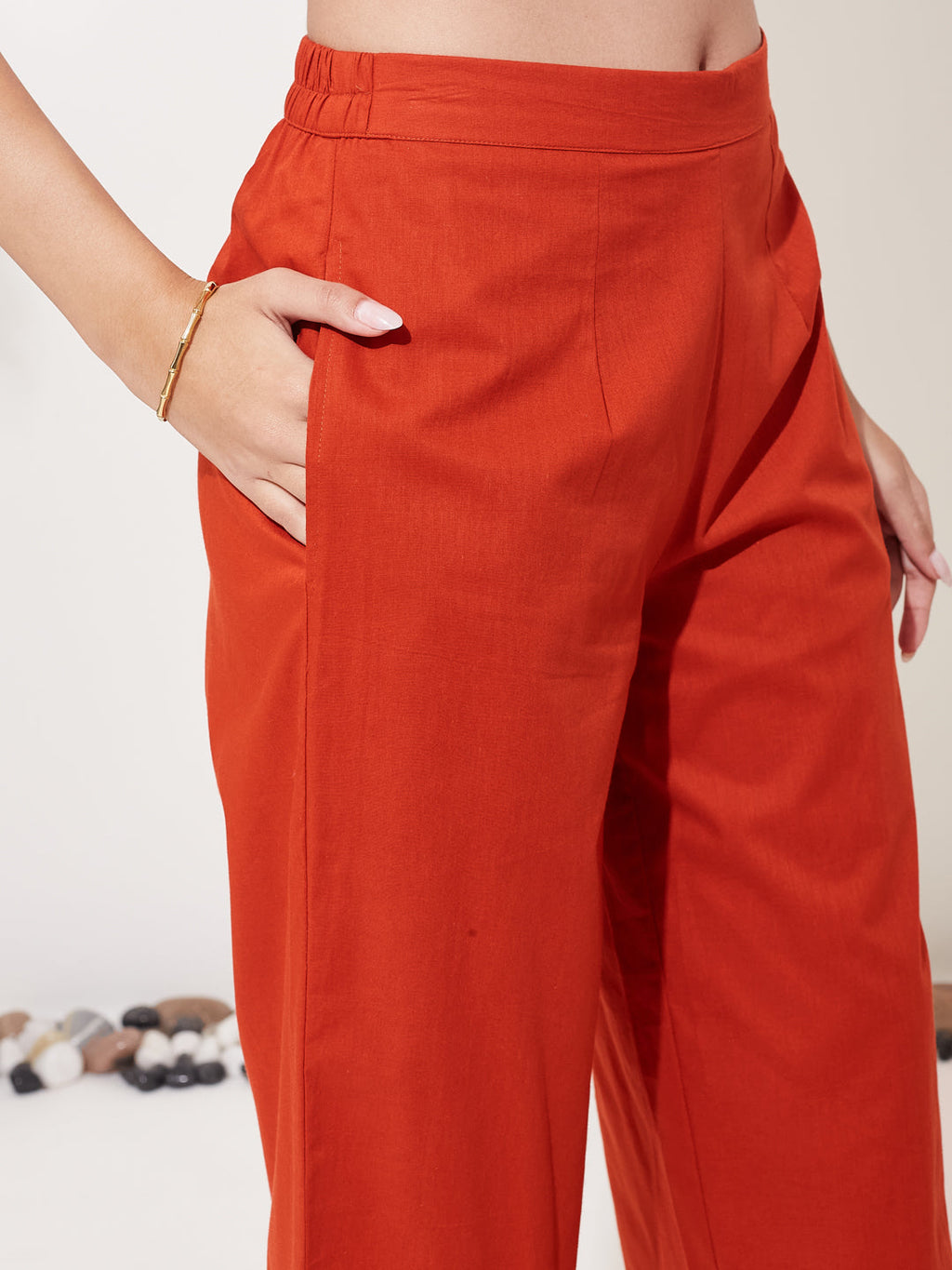 Women Rust Cotton Handwork Solid Co-Ord Set