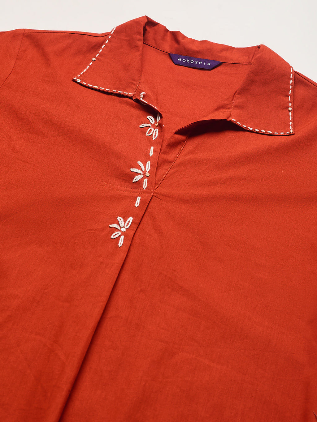 Women Rust Cotton Handwork Solid Co-Ord Set