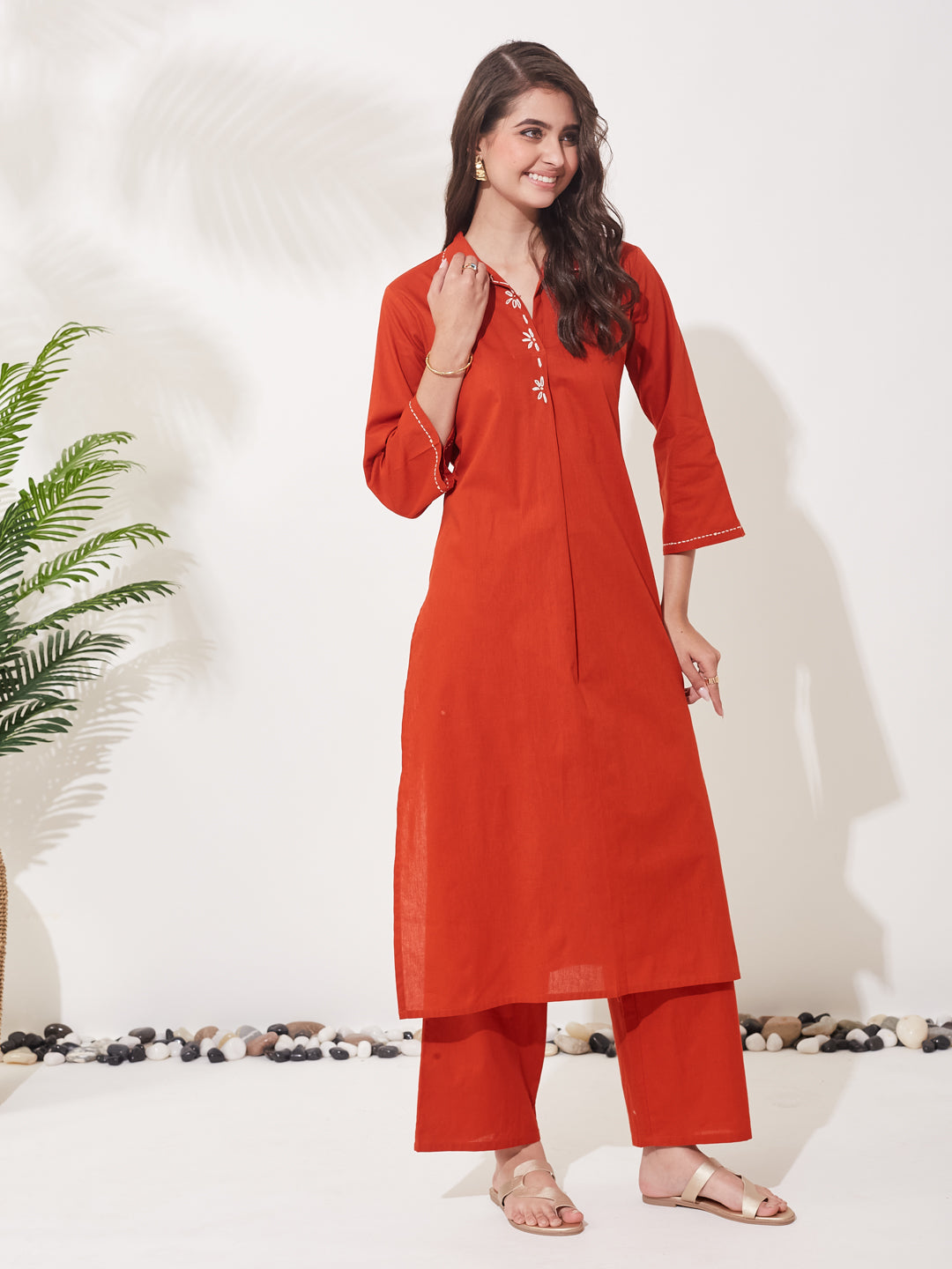 Women Rust Cotton Handwork Solid Co-Ord Set