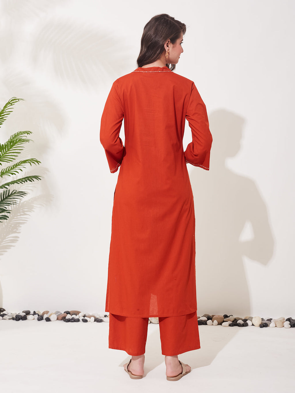 Women Rust Cotton Handwork Solid Co-Ord Set
