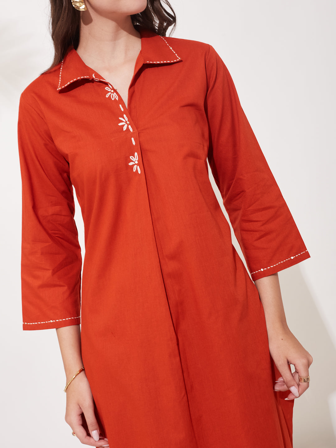 Women Rust Cotton Handwork Solid Co-Ord Set