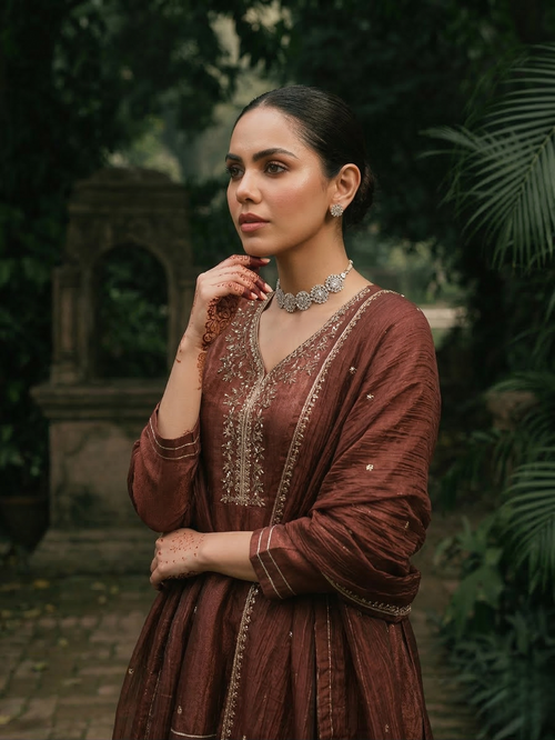 Coffee Embroidered Peplum Top with Sharara Set