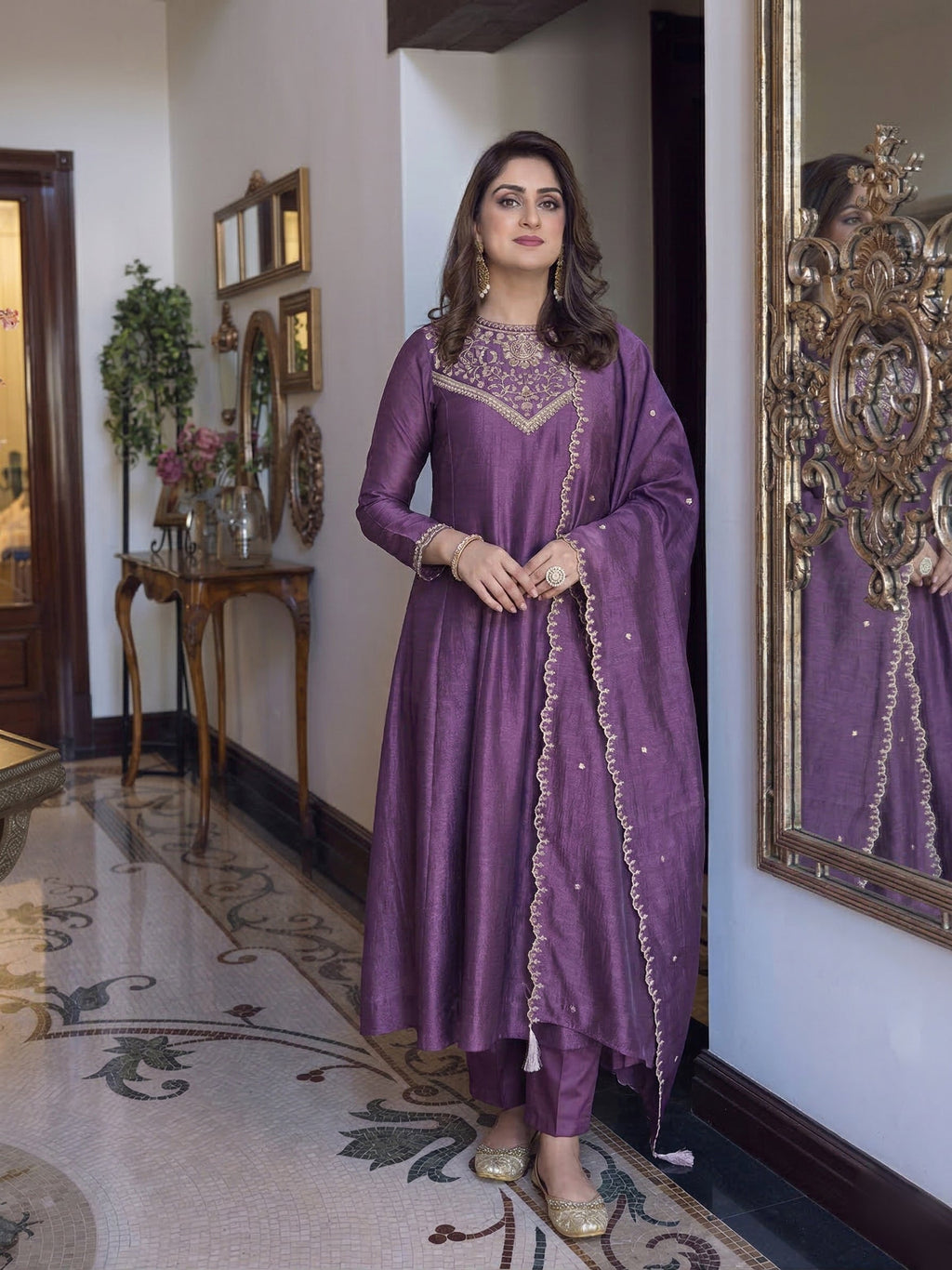 Dark Lavender Embroidered Silk Anarkali Kurta With Dupatta Set