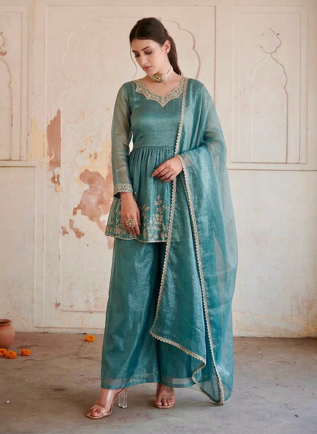 Blue Embroidered Sharara Suit for Women