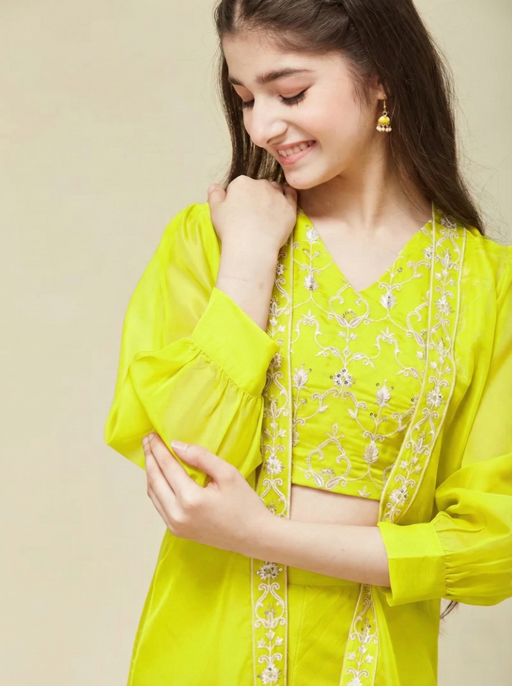 Girl's Neon cotton Embroidered Top, Palazzo Shrug Set