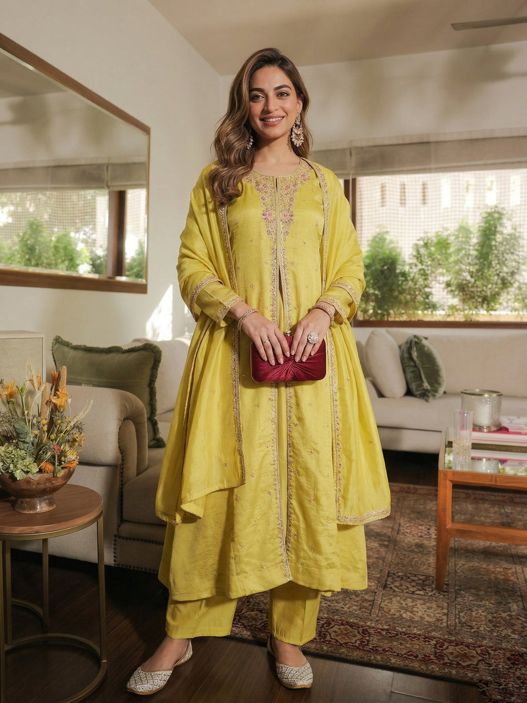 Lemon Yellow Embroidered Silk Anarkali Kurta With Dupatta Set