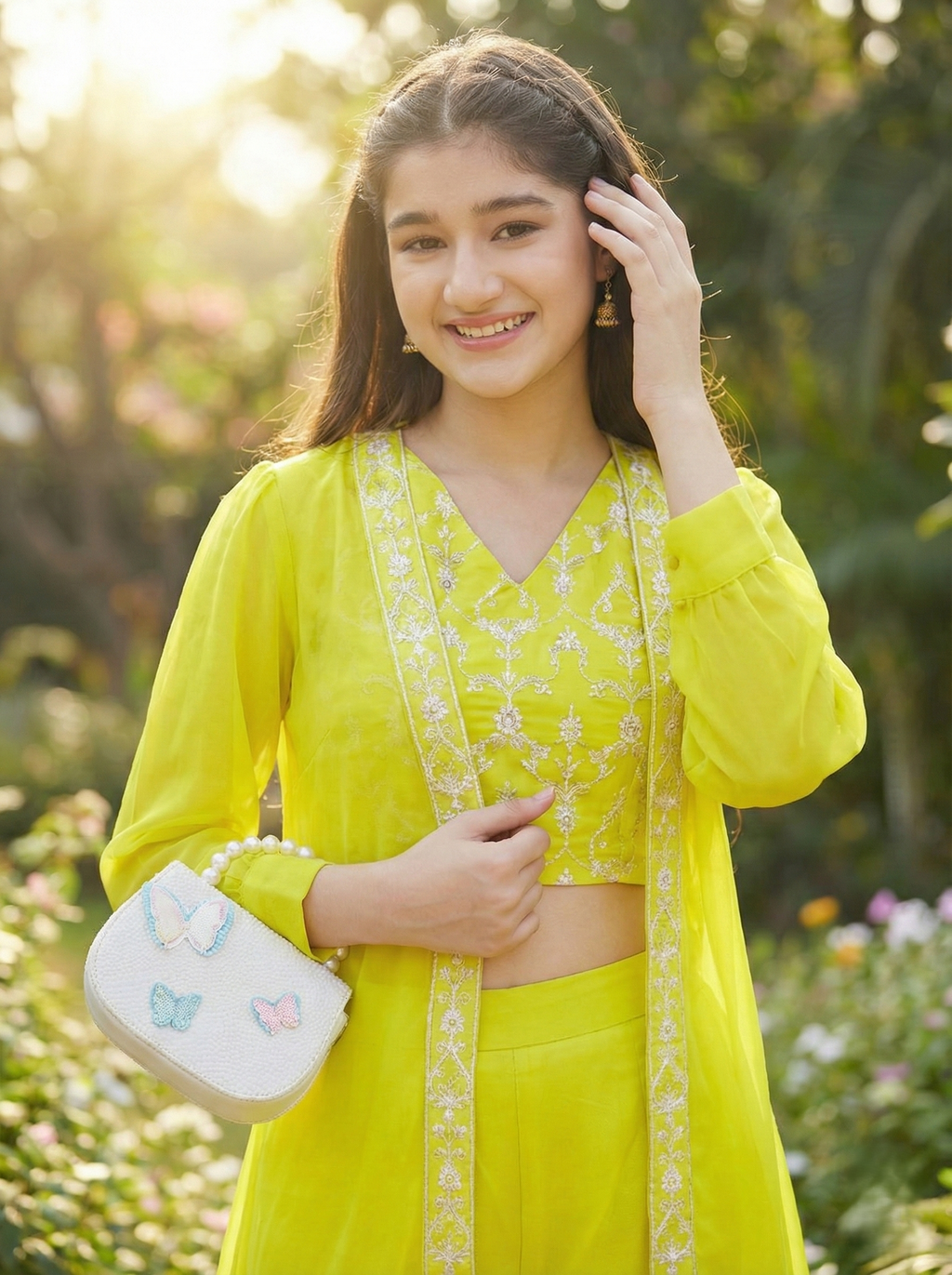 Girl's Neon cotton Embroidered Top, Palazzo Shrug Set