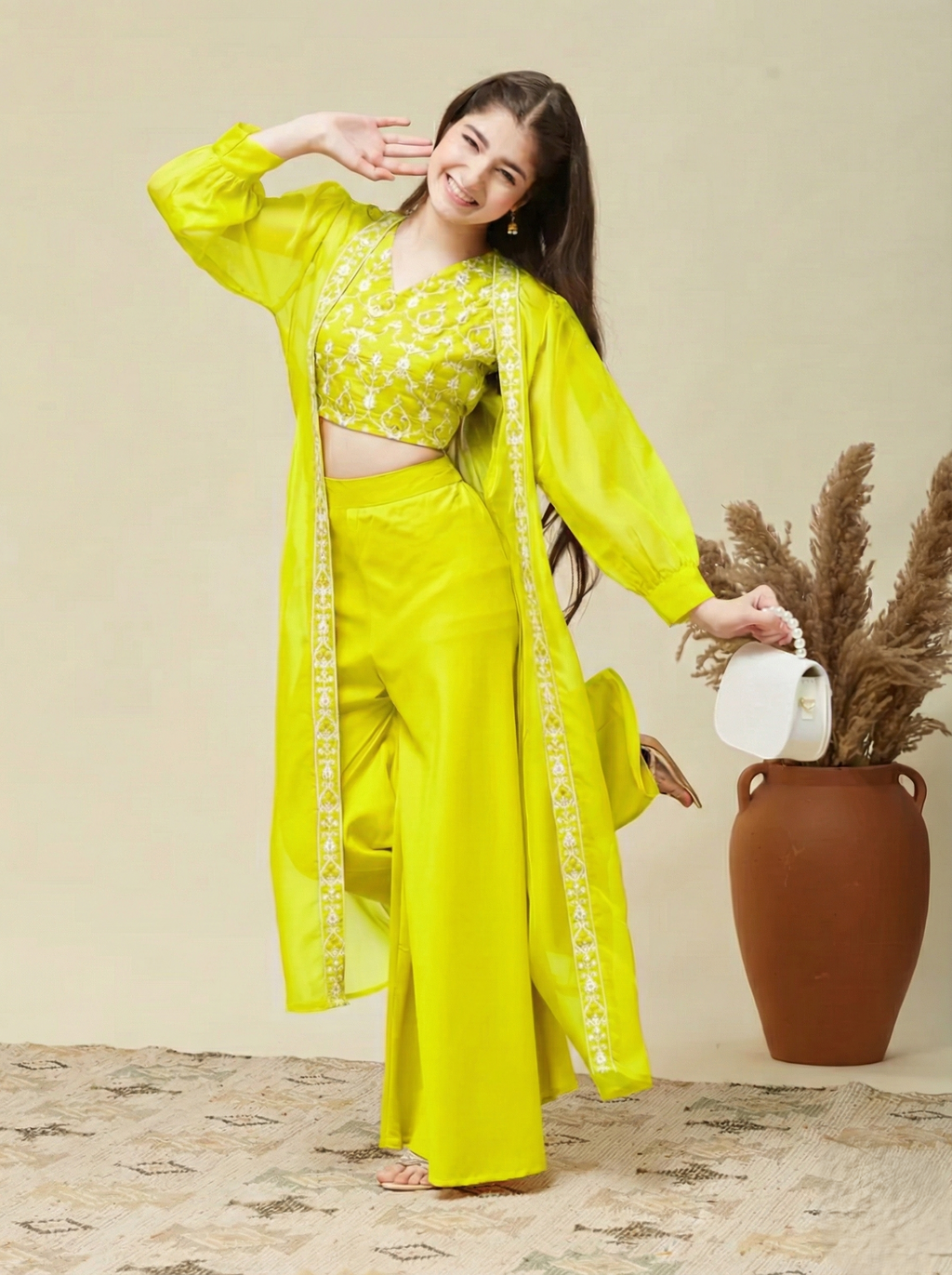 Girl's Neon cotton Embroidered Top, Palazzo Shrug Set