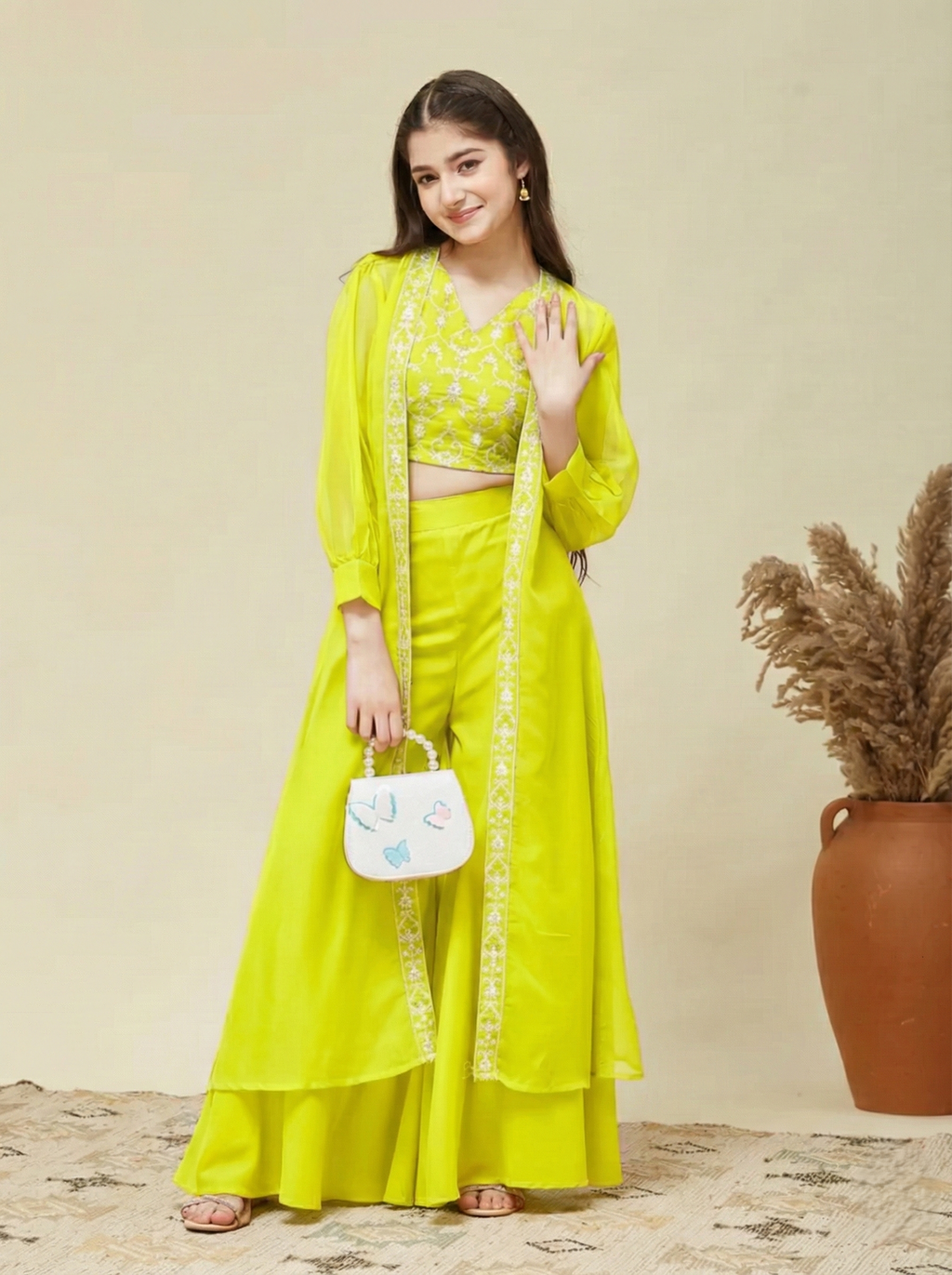Girl's Neon cotton Embroidered Top, Palazzo Shrug Set
