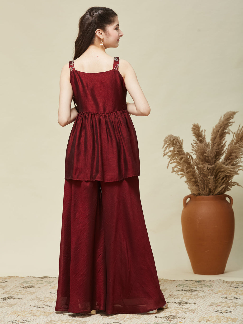 Maroon Silk Embroidered Kurta and Plazzo Set Girls