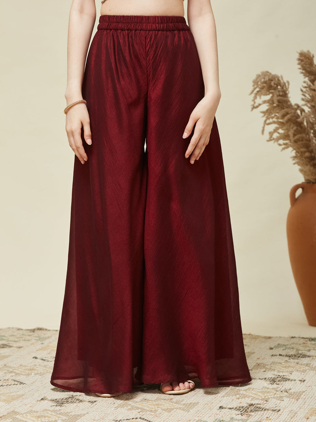 Maroon Silk Embroidered Kurta and Plazzo Set Girls
