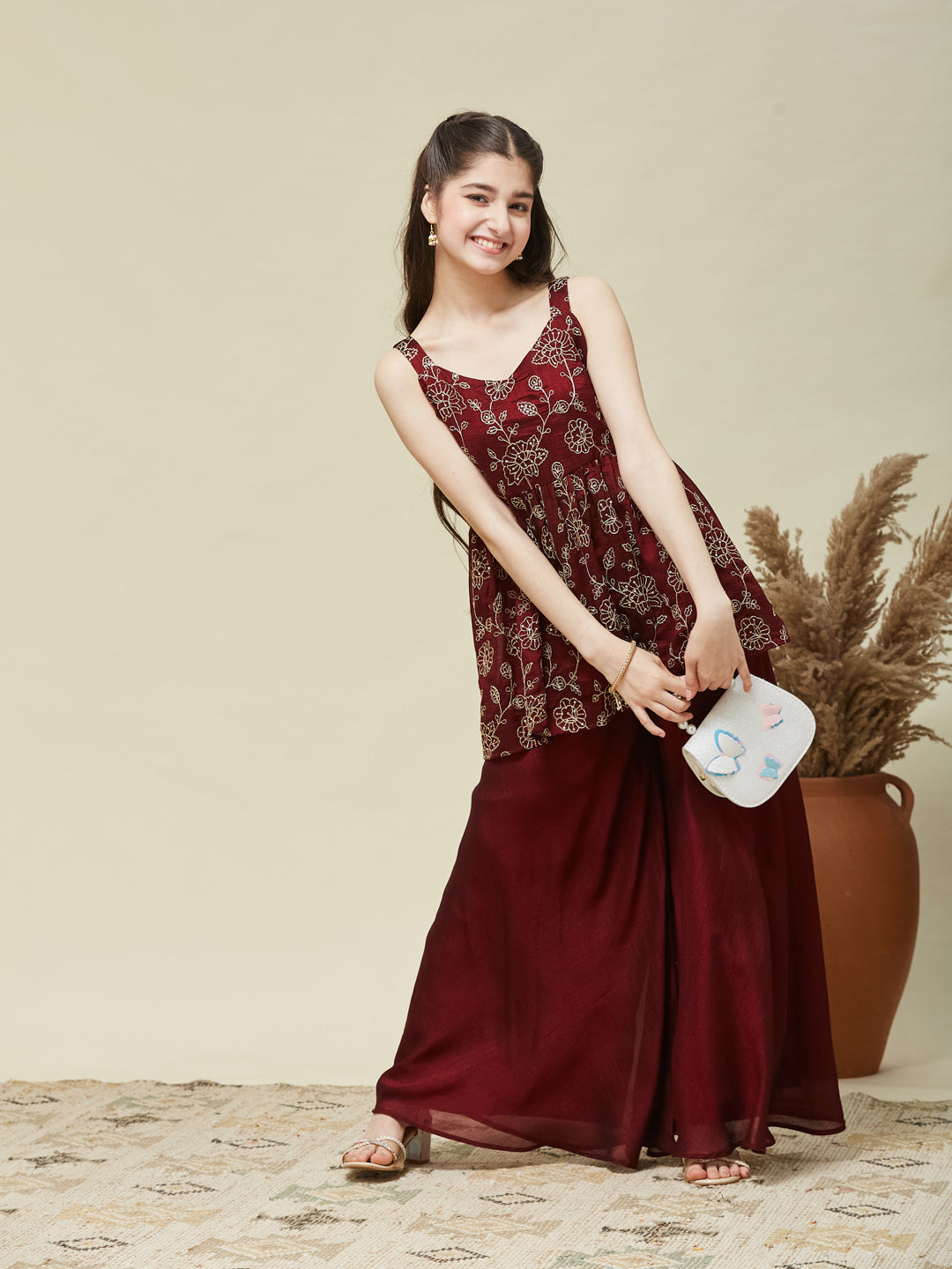 Maroon Silk Embroidered Kurta and Plazzo Set Girls