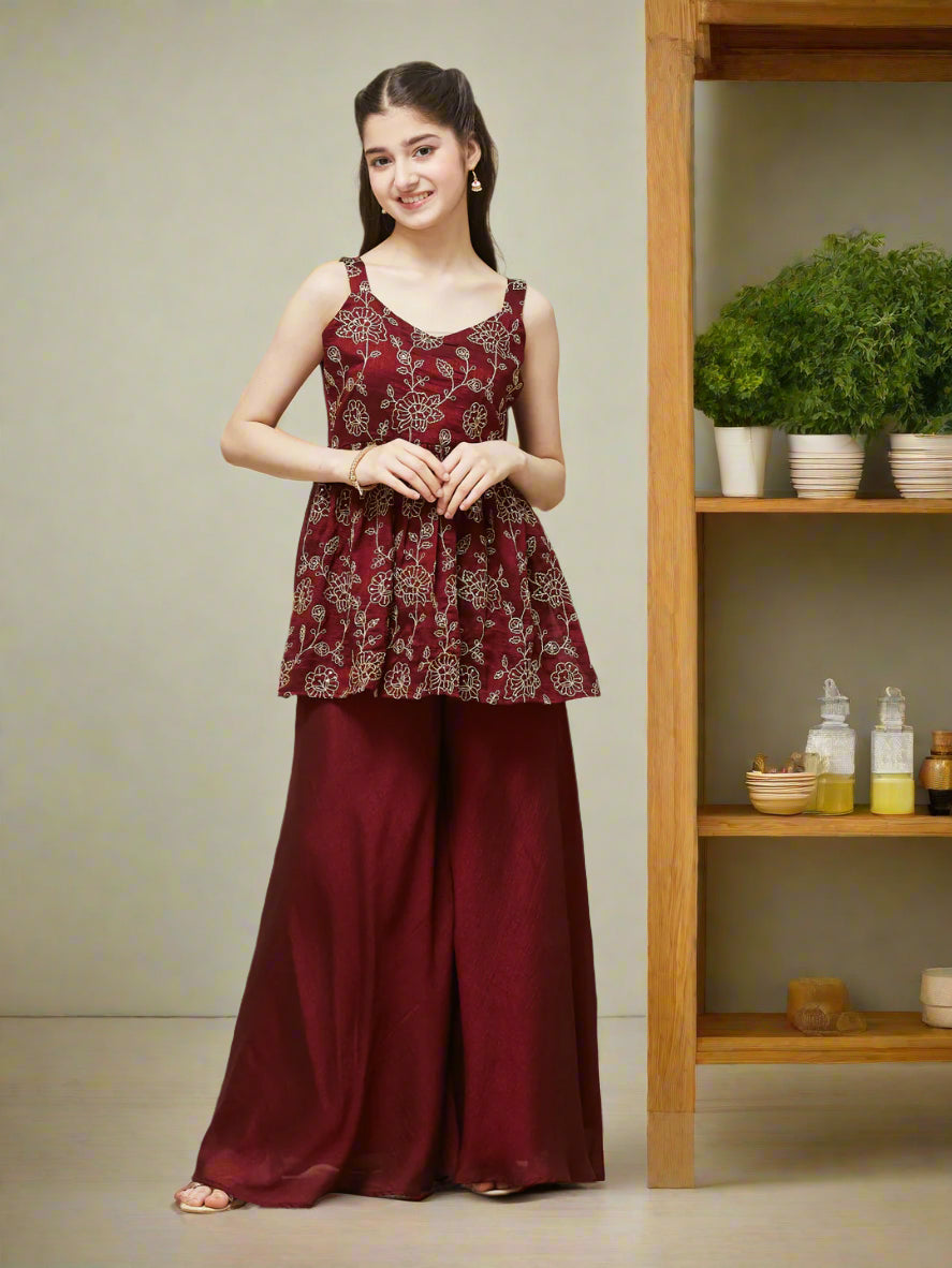 Maroon Silk Embroidered Kurta and Plazzo Set Girls