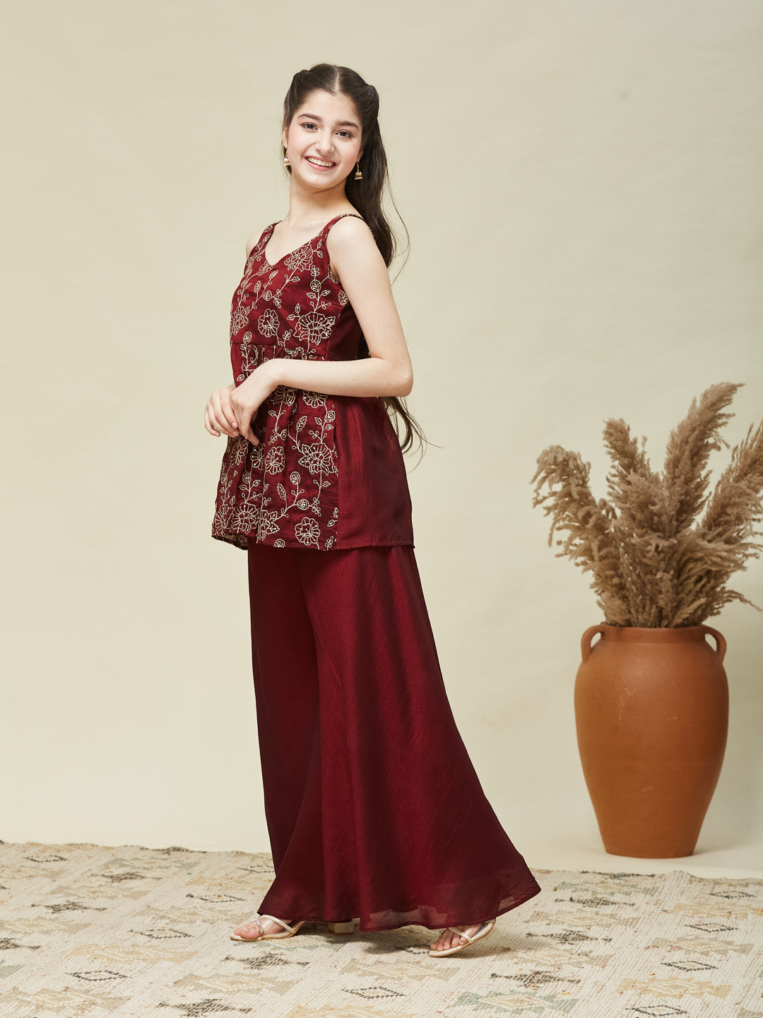 Maroon Silk Embroidered Kurta and Plazzo Set Girls
