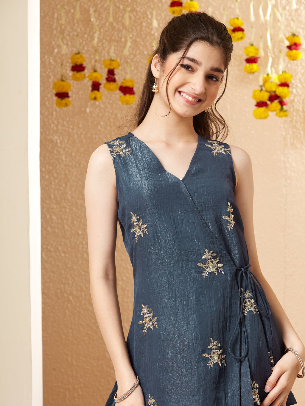 Navy Blue Silk Embroidered Wrap Kurta with Palazzo Set for Girls