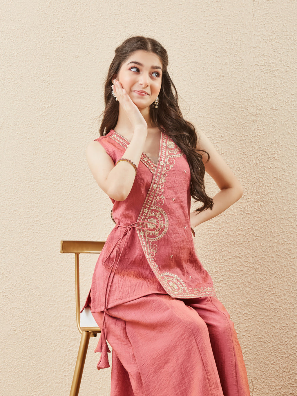 Pink Silk Embroidered Indo-Western Co-Ord Set For Girl