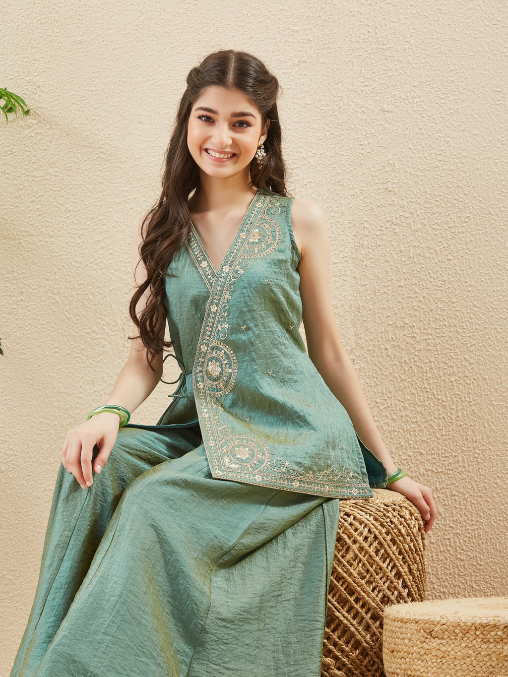 Green Silk Embroidered Ethnic Co-Ord Outfit For Girl