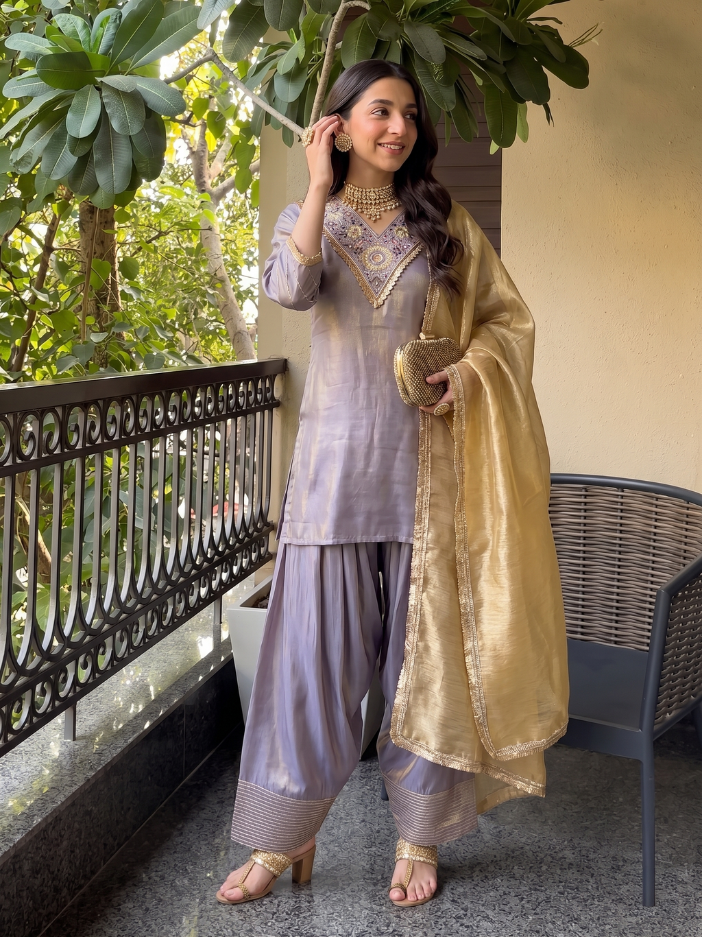 Lavender Silk Embroidered Straight Kurta Palazzo Set with Dupatta For Women