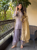 Lavender Silk Embroidered Straight Kurta Palazzo Set with Dupatta For Women