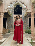 Red Cotton Embroidered Anarkali Suit Set with Dupatta for Women