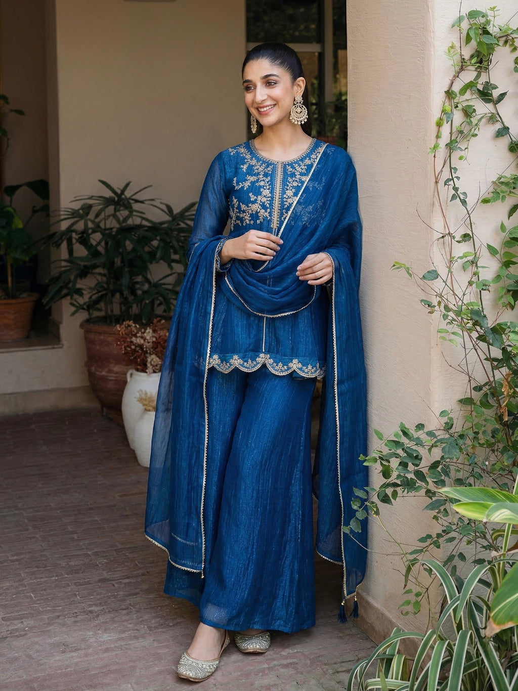 Royal Blue Silk Embroidered Top Sharara Set with Dupatta