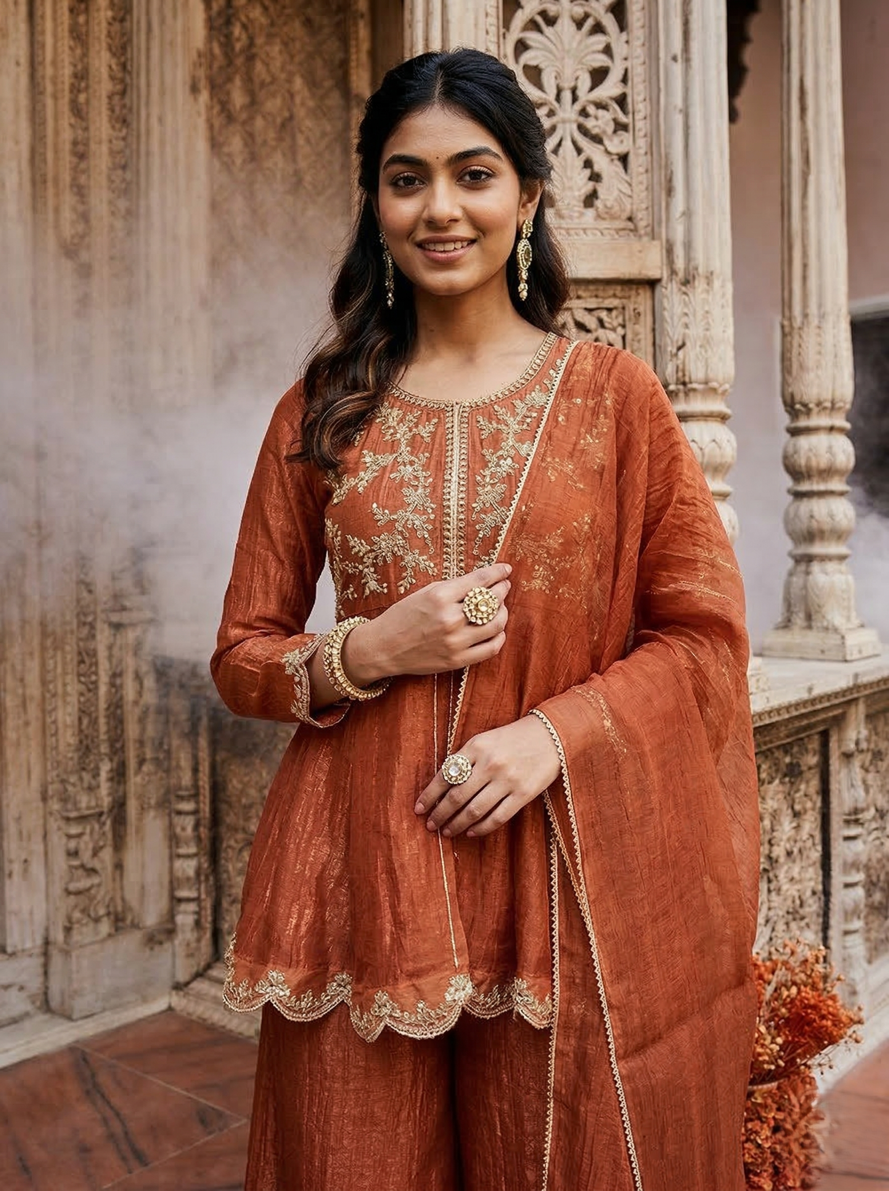 Rust Silk  Embroidered Peplum Kurta Set with Palazzo & Dupatta