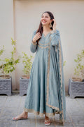 Sky Blue Embroidered Silk Blend Anarkali Kurta With Dupatta Set