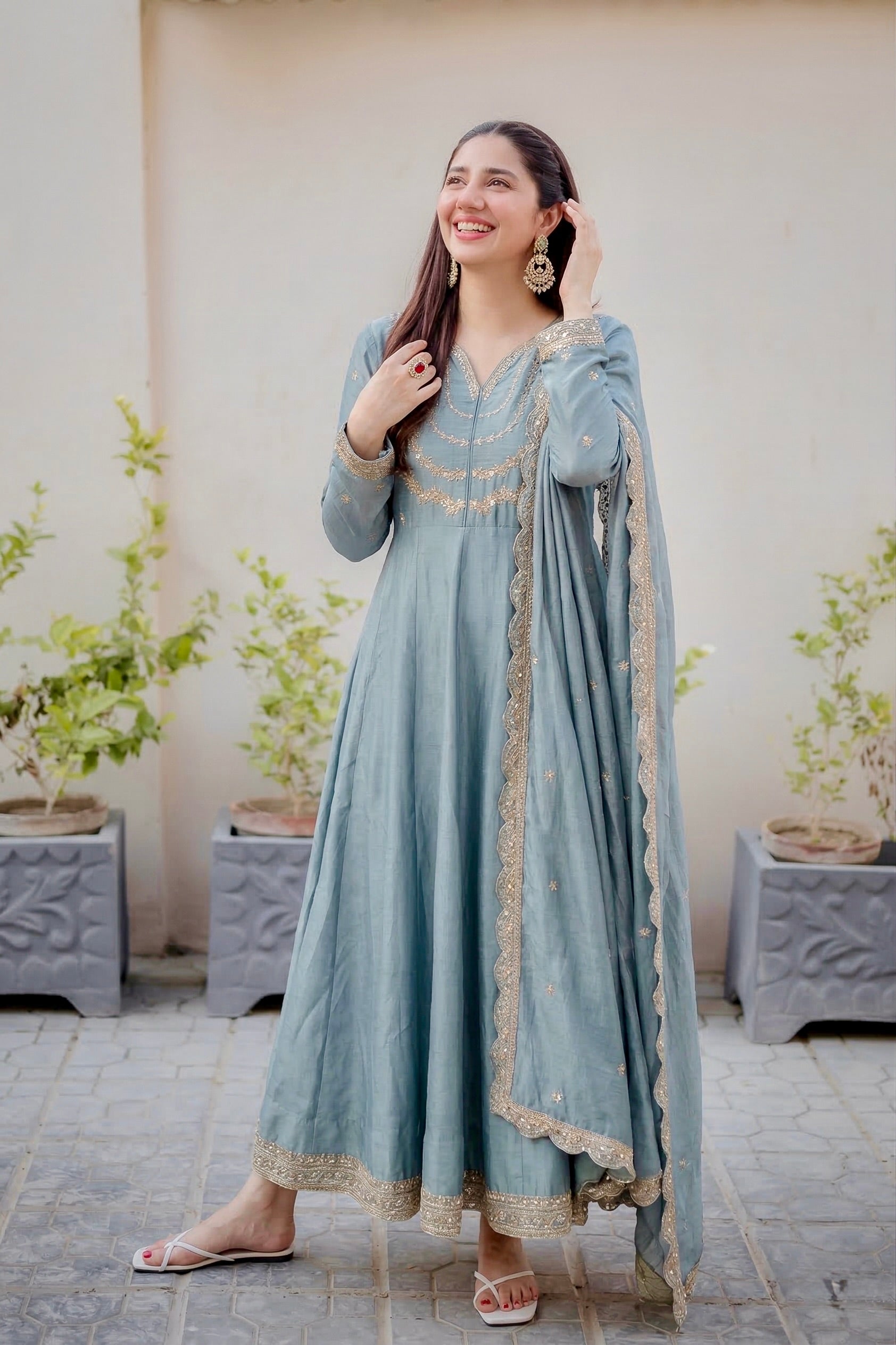 Sky Blue Embroidered Silk Blend Anarkali Kurta With Dupatta Set
