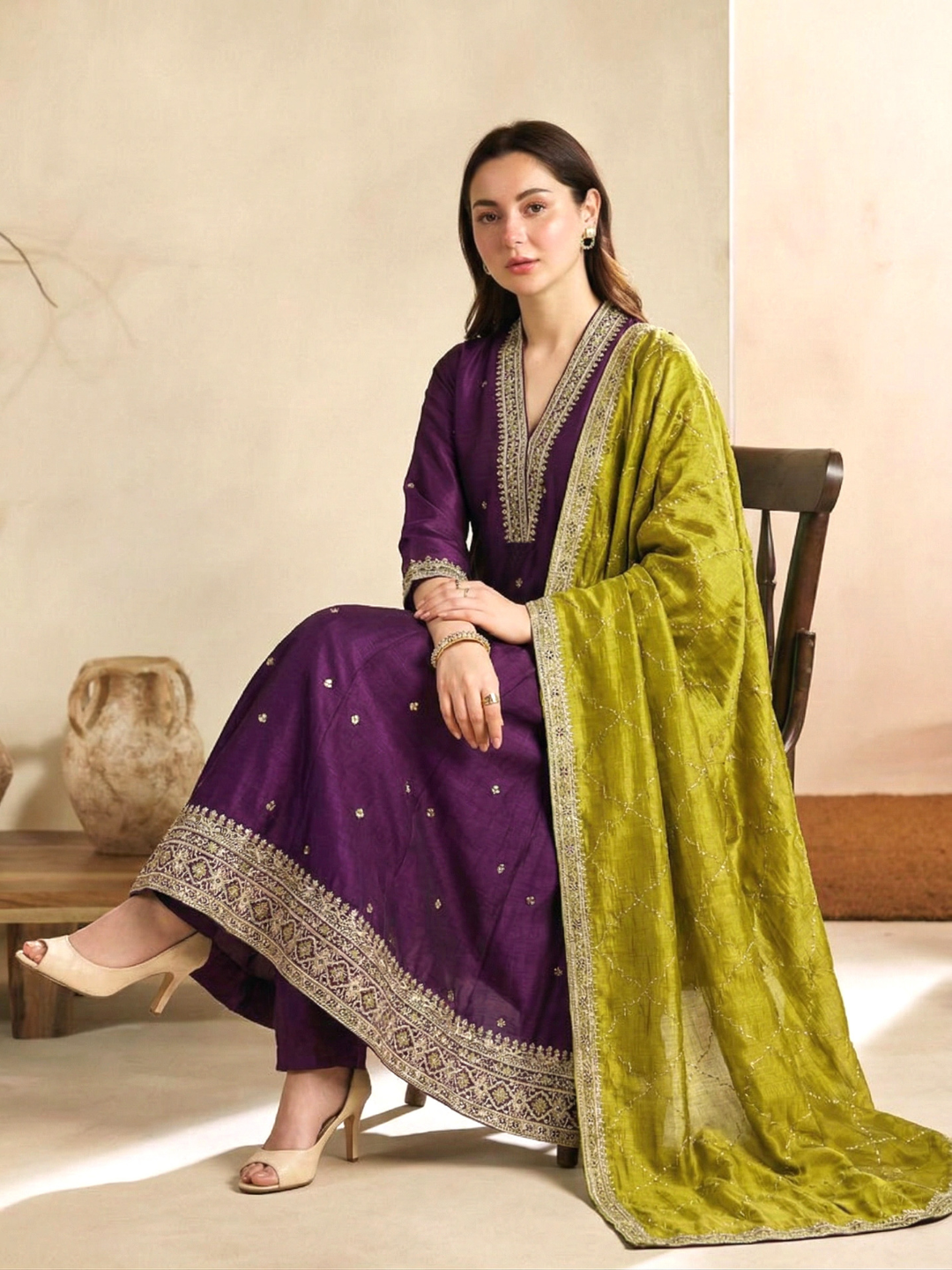 Violet Embroidered Silk Anarkali Kurta With Dupatta Set