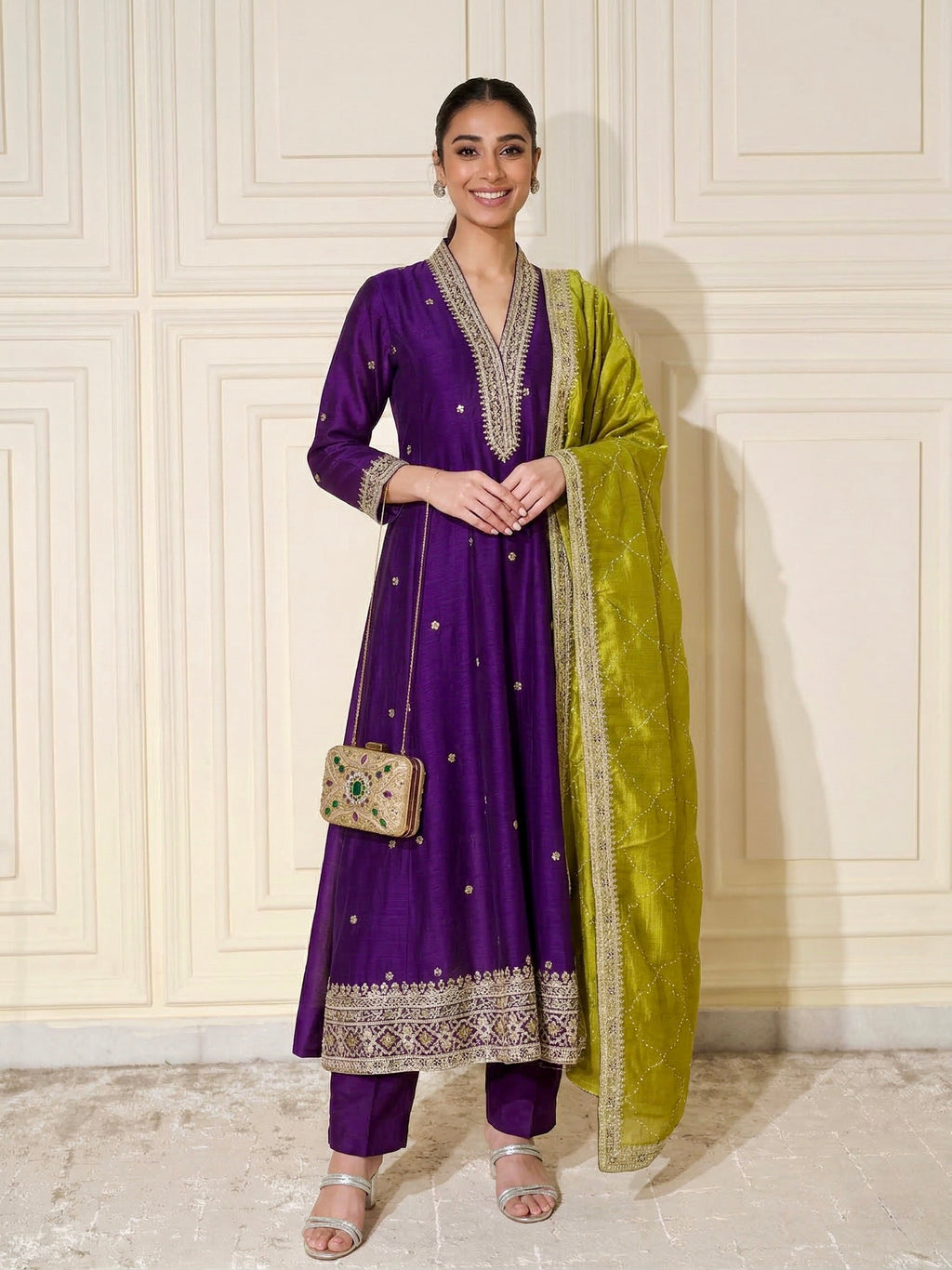 Violet Embroidered Silk Anarkali Kurta With Dupatta Set