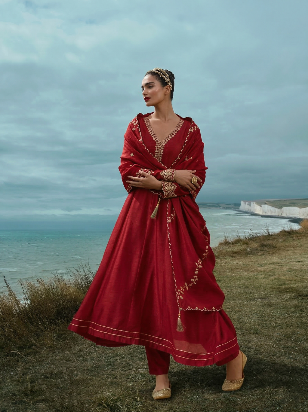 Red Silk Embroidered Anarkali Kurta with Dupatta Set