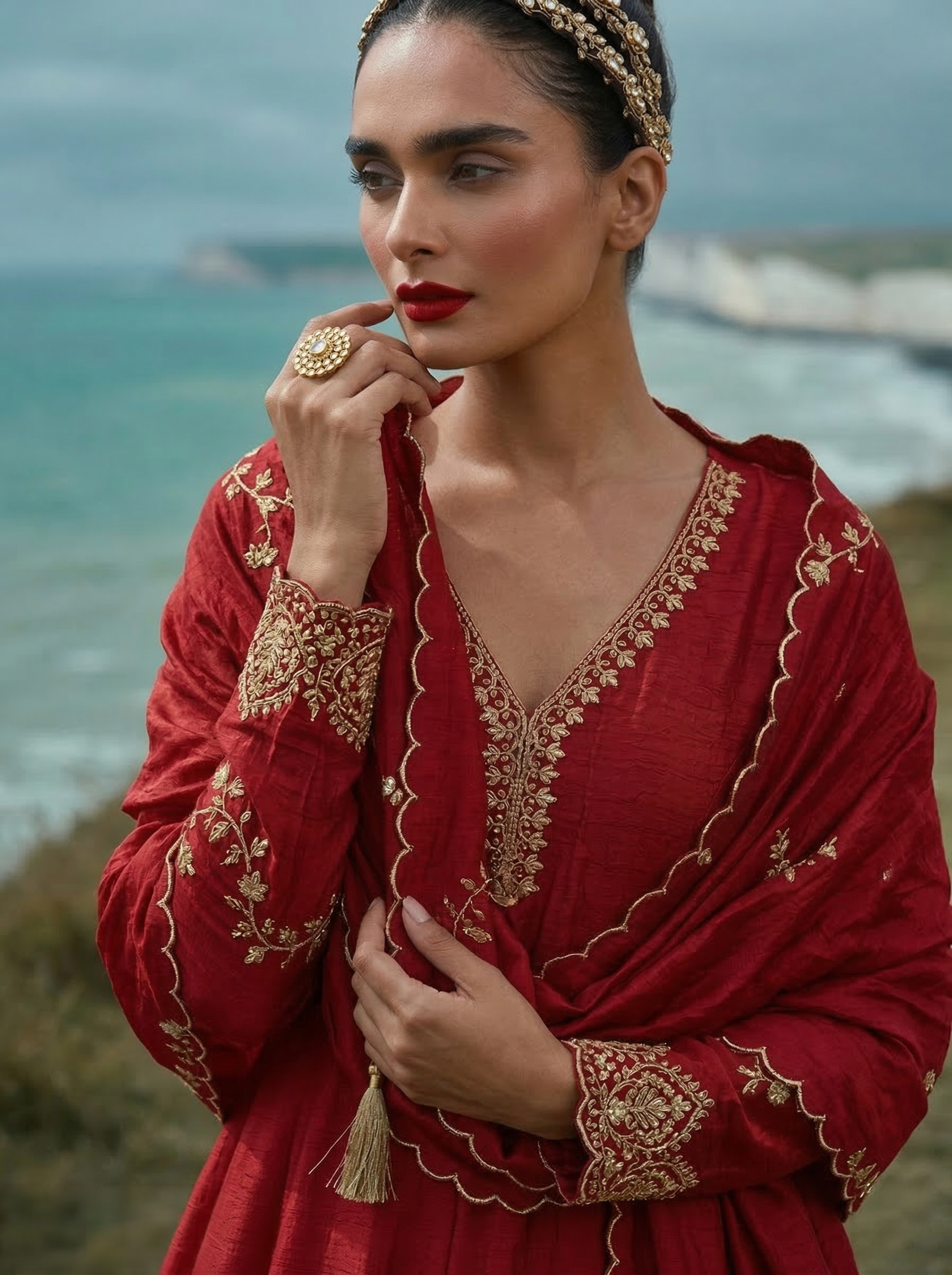Red Silk Embroidered Anarkali Kurta with Dupatta Set